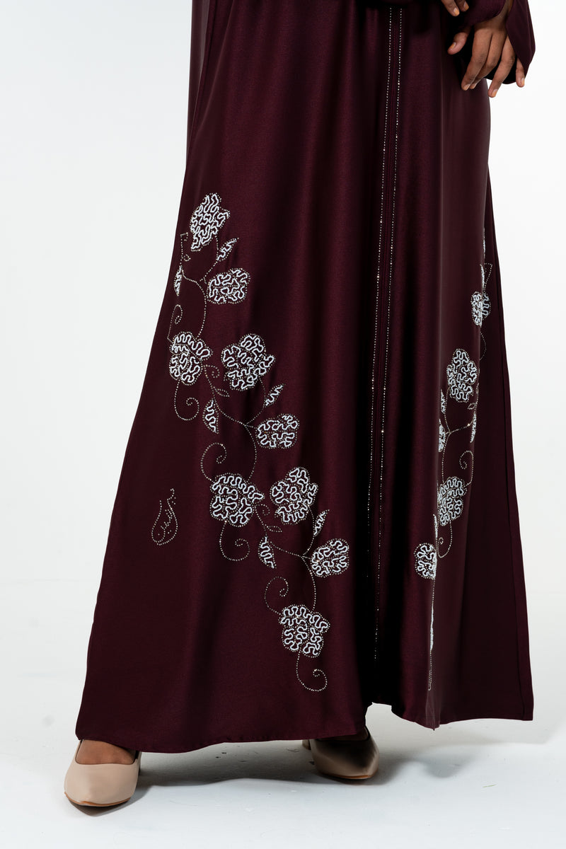 Beads Bloom Abaya - Burgundy