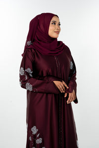 Beads Bloom Abaya - Burgundy