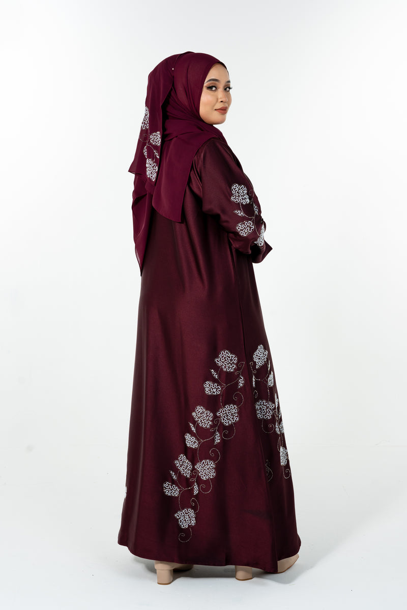 Beads Bloom Abaya - Burgundy