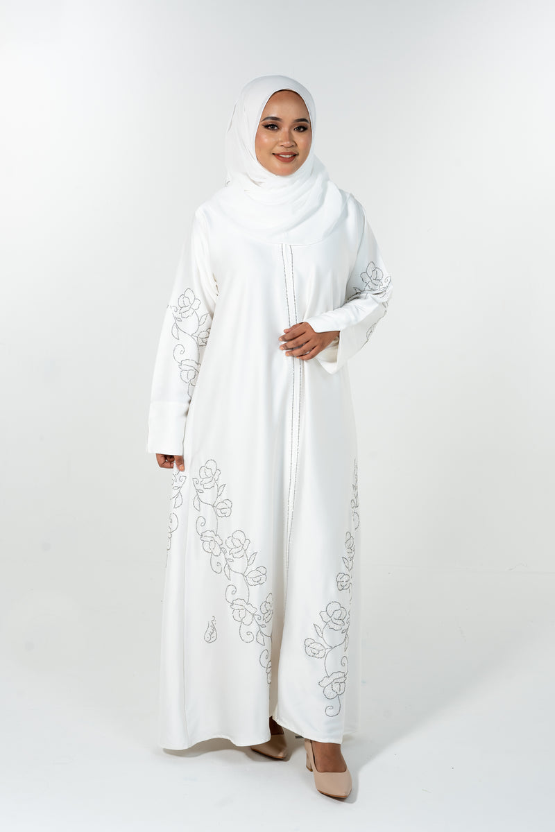 Beads Bloom Abaya - White