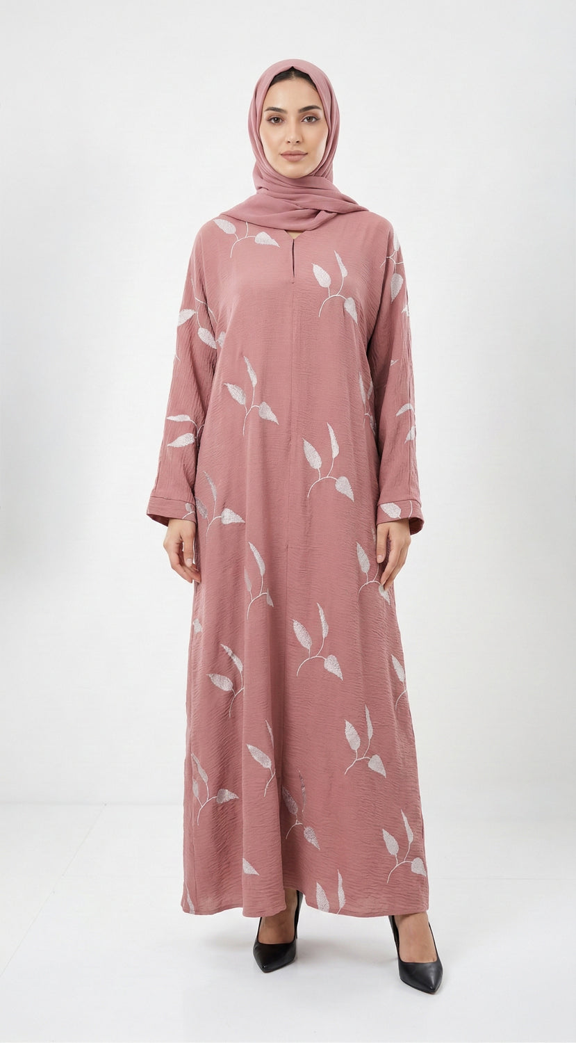 Embroidery Leaf Abaya - Rose