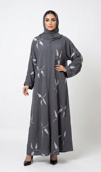 Embroidery Leaf Abaya - Grey