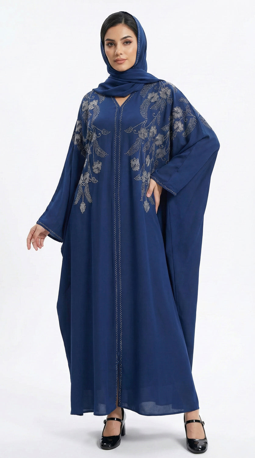 Floral V-Neck Kaftan, Navy Blue