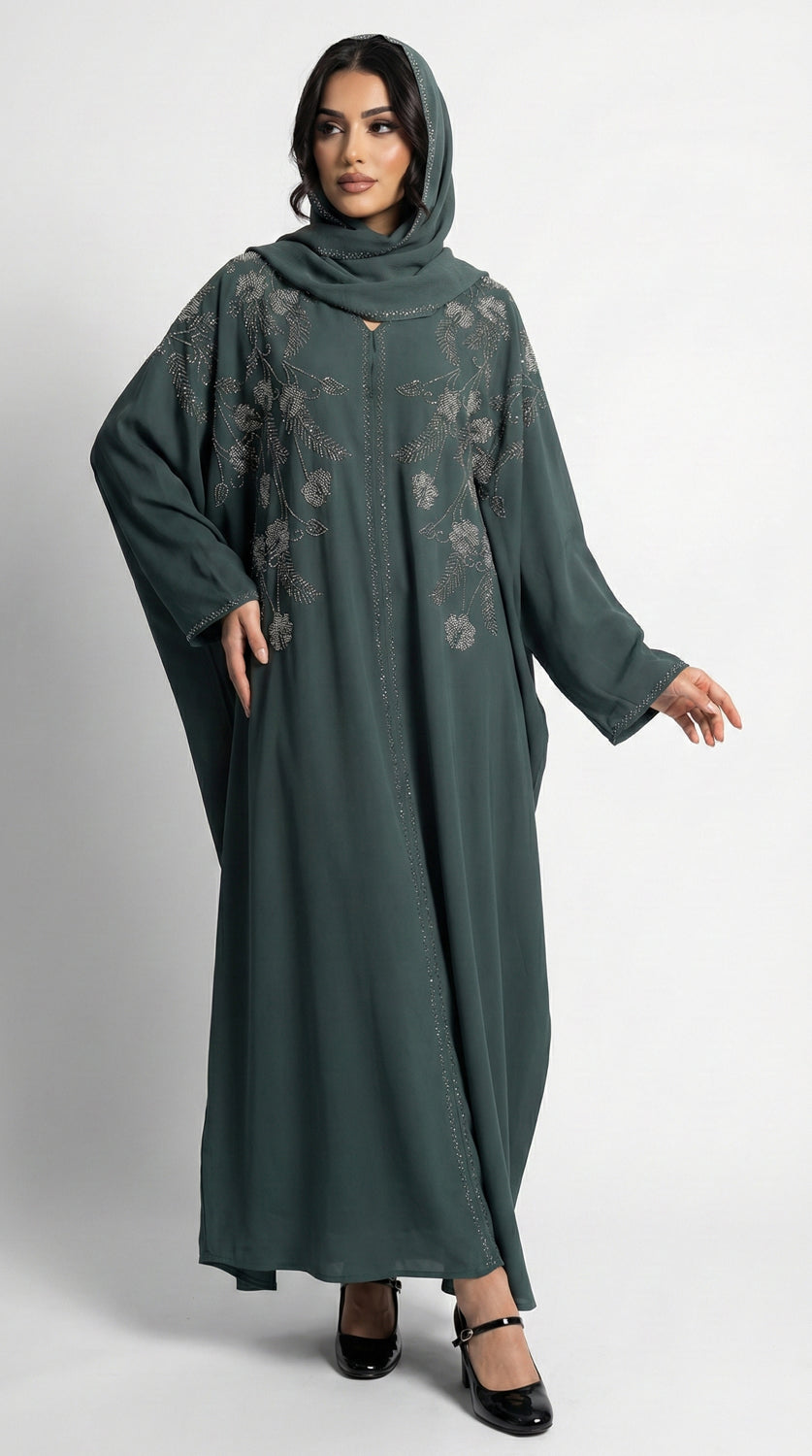 Floral V-Neck Kaftan, Teal