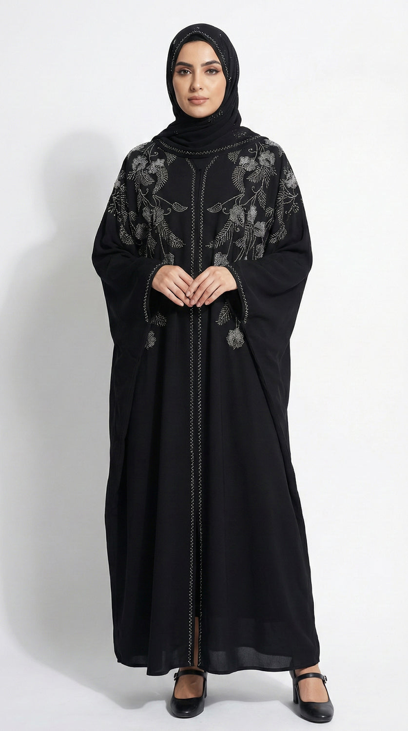 Floral V-Neck Kaftan, Black