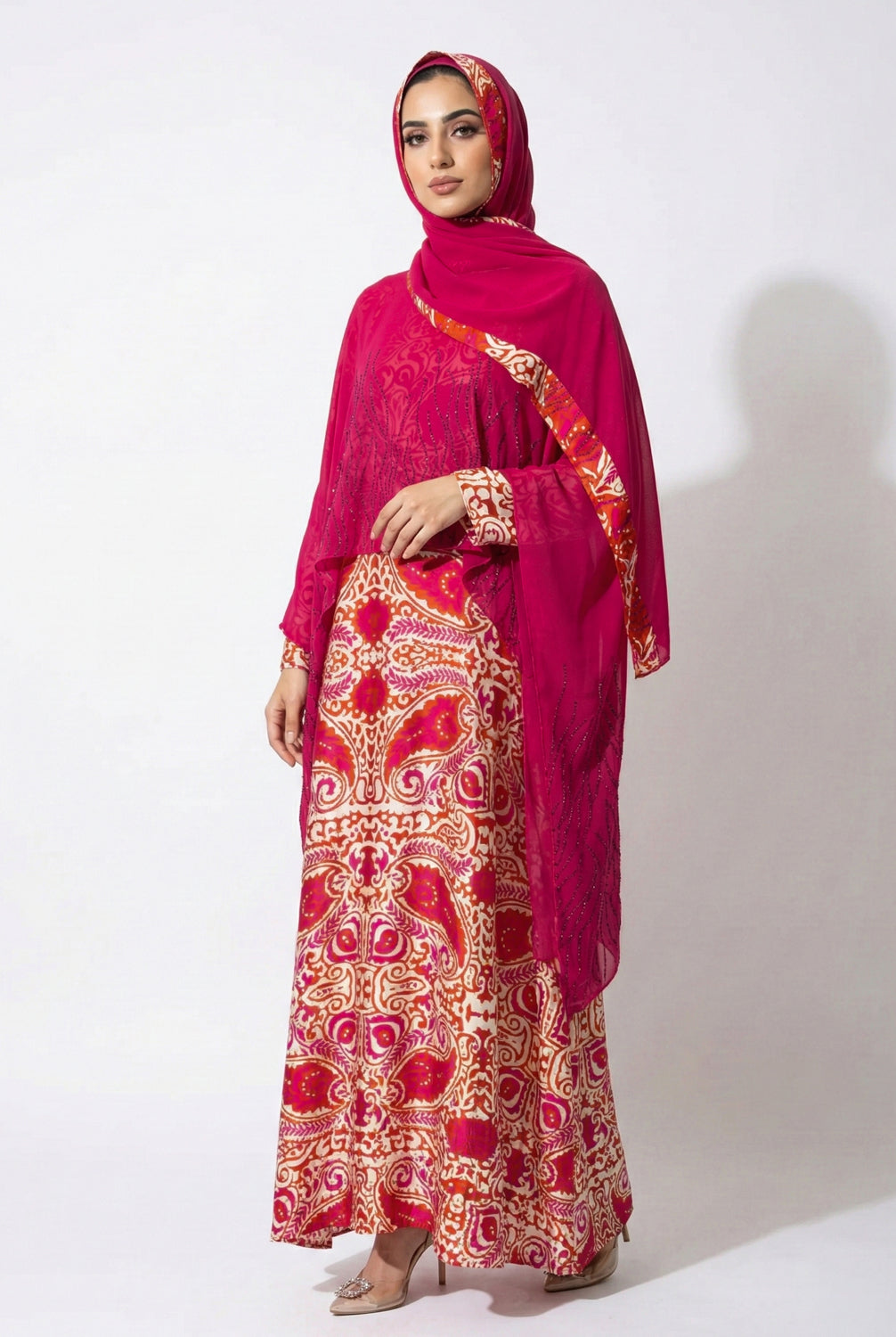 Queen Azizah Printed Abaya, Hot Pink