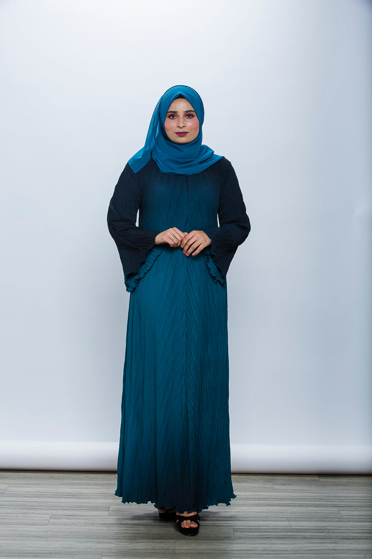 Pleated Abaya - Black Turquoise